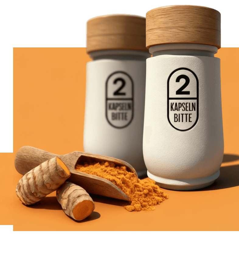 Curcumin+ Complex – two capsule jars with turmeric root and powder